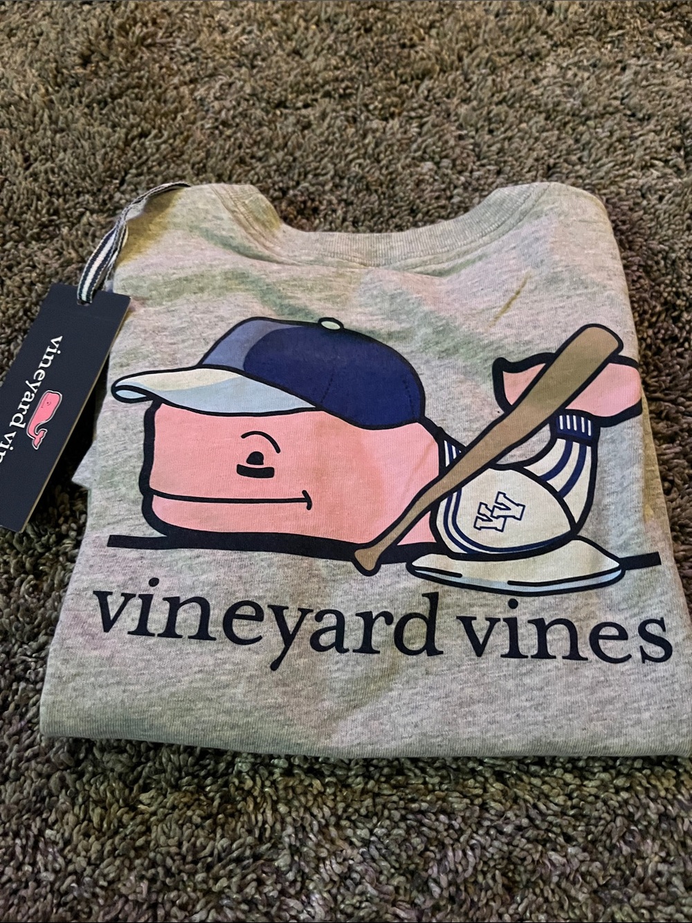 Vineyard Vines baseball - Kids Light Gray Tee with Pink Whale & Navy Cap Graphic